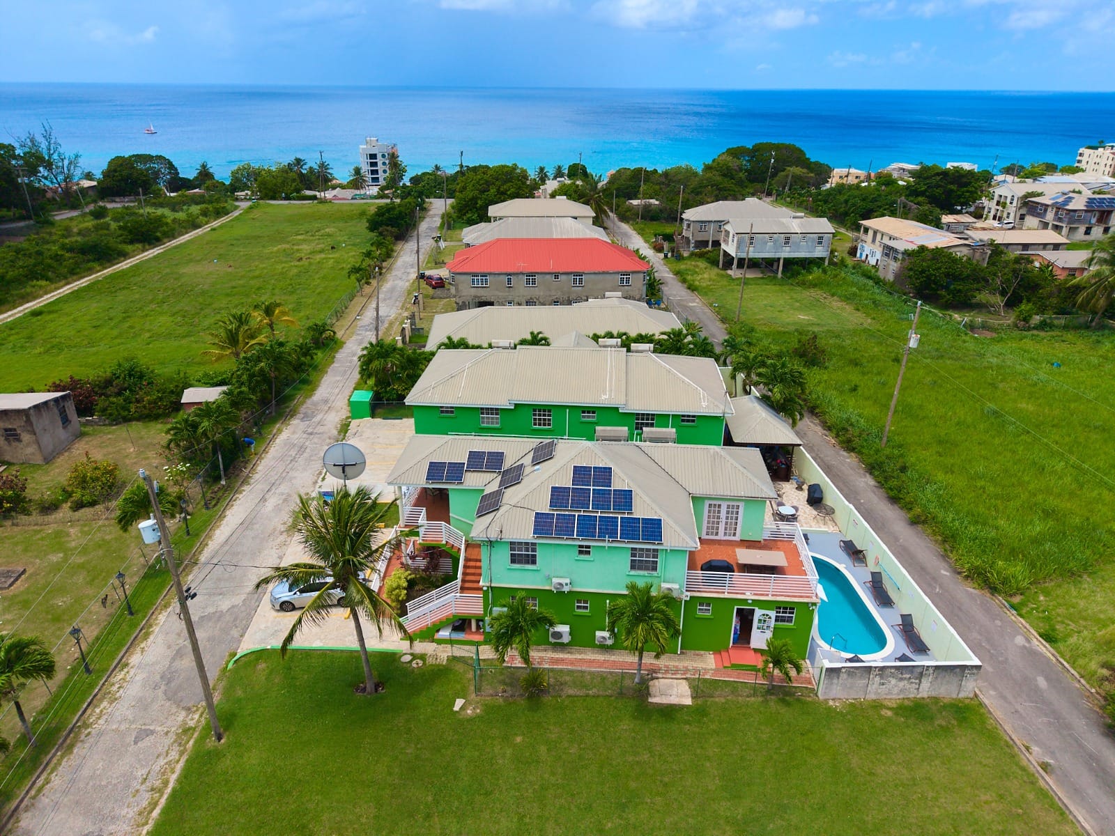 Aerial view over Prospect villas towards the Caribbean Sea